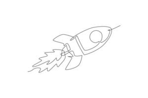un disegno a tratteggio di un semplice razzo vintage decolla nell'illustrazione grafica vettoriale dello spazio esterno. esplorazione cosmo galattico con il concetto di astronave. design moderno a linea continua