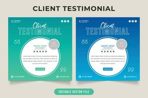 cliente servizio risposta testimoniale disposizione vettore con verde e blu colori. cliente Esperienza Commenti e citazioni modello con foto segnaposto. attività commerciale cliente revisione testimoniale design.