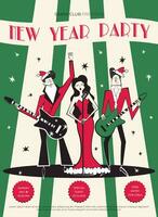 notte club retrò nuovo anno festa invito. 60s - 70s discoteca stile Natale manifesto. vettore illustrazione con musicale gruppo musicale nel rosso Natale capi di abbigliamento con uomini con chitarra e cantante donna.