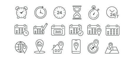 volta, Data, Posizione icona impostare. posto, casa, annuale, bussola, carta geografica, marchio, il giro il orologio vettore illustrazione. modificabile ictus
