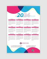parete calendario 2024, 2024 calendario, uno pagina calendario disegno, calendario 2024, calendario design con vacanza vettore