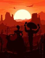 messicano deserto tramonto paesaggio, cowboy e donna vettore