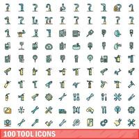 100 attrezzo icone impostare, colore linea stile vettore