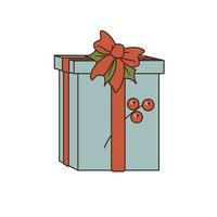 isolato vettore Natale blu regalo scatola con ramo di agrifoglio frutti di bosco e arco. elemento di natale e nuovo anno decorazione
