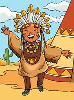contento nativo americano indiano ragazza colorato cartone animato vettore