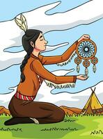 nativo americano indiano ragazza cacciatore di sogni colorato vettore