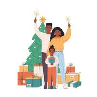 africano americano famiglia con bambino festeggiare Natale o nuovo anno. Natale albero con regali. vettore