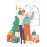 amore coppia festeggiare Natale o nuovo anno. Natale albero con regali. vettore