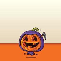 felice Halloween. cartone animato carino zucca con grim reaper costume su sfondo spazio vuoto vettore