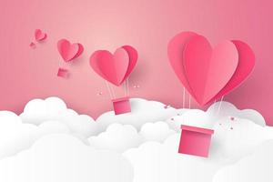 giorno di san valentino, illustrazione dell'amore, mongolfiera a forma di cuore che vola sul cielo, stile di arte della carta vettore