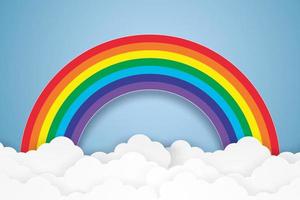 cielo blu con arcobaleno e nuvole, stile paper art vettore