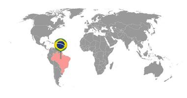 mappa pin con bandiera brasile sulla mappa del mondo.illustrazione vettoriale. vettore