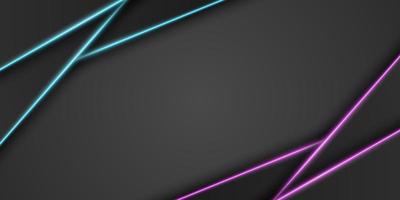 sfondo cornice nera metallizzata astratta, strato di sovrapposizione triangolare con linea di luce al neon blu e viola brillante, forma diagonale, design minimale scuro con spazio di copia, illustrazione vettoriale