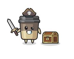 la tazza di caffè personaggio pirata che tiene la spada accanto a una scatola del tesoro vettore