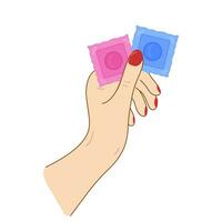 Due preservativo pacchetto nel mano vettore. tema di Salute, cura, sicurezza, contraccettivo. design per striscione, manifesto, coperchio, sociale media inviare, volantini, saluto carta. vettore