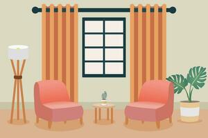interno design di un' vivente camera con divano, tenda, in piedi lampada, e pianta. casa interno. vettore illustrazione.
