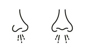 allergico respiratorio malattia. che cola naso soffiaggio linea icone impostare. allergia naso infezione schema simbolo collezione. nasale rinite sintomo pittogramma. freddo influenza virus cartello. isolato vettore illustrazione.