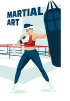 un' giovane donna pugni contro il sfondo di un' boxe squillo. gli sport gare, Hobby e studi. marziale arte. vettore piatto illustrazione