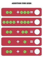 aggiunta pagina per bambini. educativo matematica gioco per bambini con tennis sfera. stampabile foglio di lavoro design. apprendimento matematico. vettore