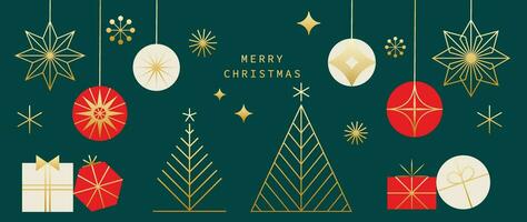 lusso Natale e contento nuovo anno concetto sfondo vettore. elegante pendenza bianca sospeso fronzolo palle, oro fiocco di neve, pino su buio verde sfondo. design per sfondo, carta, coperchio, manifesto. vettore