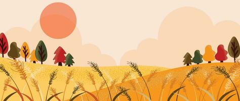 autunno e nazione paesaggio sfondo. di stagione illustrazione vettore di montagna, collina, erba, albero, nube, sole con acquerello, spazzola struttura. design per per promozione, pubblicità, striscione, carta.