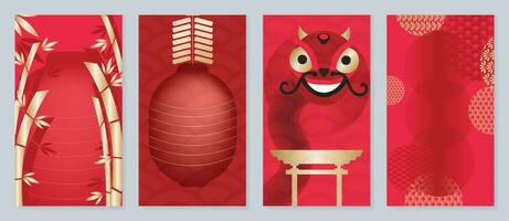contento Cinese nuovo anno copertina sfondo vettore. anno di il Drago design con d'oro Drago, Cinese lanterna, bambù con modello. elegante orientale illustrazione per coperchio, striscione, sito web, calendario. vettore