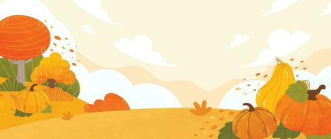 autunno e nazione paesaggio sfondo. di stagione illustrazione vettore di alberi, zucca, montagna, nube, erba con acquerello, spazzola struttura. design per per promozione, pubblicità, striscione, carta.
