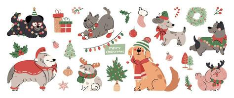 allegro Natale e contento nuovo anno concetto sfondo vettore. collezione disegno di carino cani con decorativo sciarpa, nastro, cappello. design adatto per striscione, invito, carta, saluto, striscione, coperchio. vettore