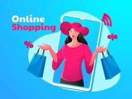 donna che si gode lo shopping online con il cellulare vettore