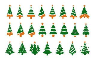 Natale albero piatto icone impostare. nero Natale albero verde vettore sagome con arancia stelle