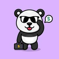 carino cartone animato panda, indossare freddo occhiali da sole e trasporto un' valigia pieno di i soldi. vettore