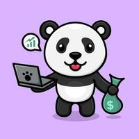 carino cartone animato panda, trasporto un' il computer portatile e un' Borsa di i soldi. vettore