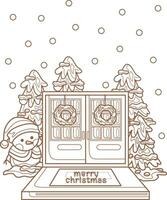 pupazzo di neve porta Natale cartone animato vacanza colorazione attività per bambini e adulto vettore