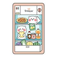 carino orso nel frigorifero con cibo e bevanda cartoon.animale personaggio design.pizza,frutta,verdura,bevanda mano disegnato.teddy.freezer.isolated.kawaii.vetor.illustrazione. vettore