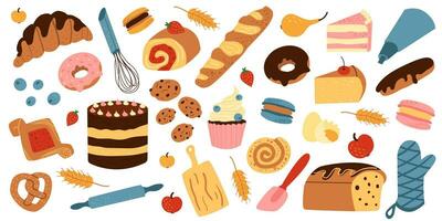 vettore impostato con dolce pasticcini nel cartone animato stile. al forno merce e dispositivi - francese baguette, ciambella, brioche, panino, torta, biscotti, eclair, macaron, cupcake, rotolamento spillo, frusta. mano disegnato stile.