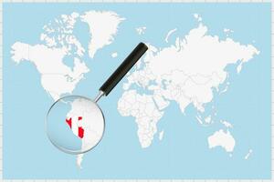 ingrandimento bicchiere mostrando un' carta geografica di Perù su un' mondo carta geografica. vettore