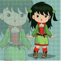 un' cartone animato ragazza nel un' verde vestito e rosso stivali vettore