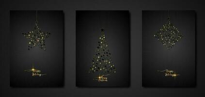 impostato nero carta di allegro Natale e contento vacanza, saluto carte, manifesti, nuovo anno copertine. design modelli con tipografia, stagione auguri nel oro lusso minimalista stile per ragnatela, sociale media vettore