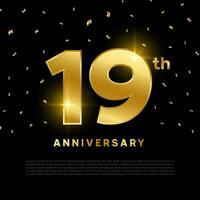 19 anniversario celebrazione con oro luccichio colore e nero sfondo. vettore design per celebrazioni, invito carte e saluto carte.