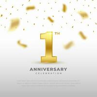1 ° anniversario celebrazione con oro luccichio colore e bianca sfondo. vettore design per celebrazioni, invito carte e saluto carte.