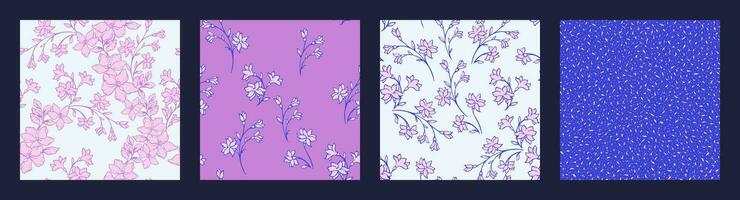 collage di senza soluzione di continuità modello astratto viola selvaggio floreale rami. vettore mano disegnato schizzo. fioritura viola fiori silhouette, minuscolo rami, strutturato forme, macchie, puntini Stampa impostare.
