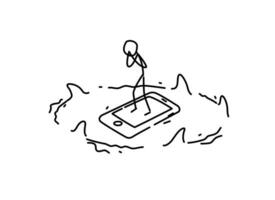 illustrazione di un' uomo su un' smartphone circondato di squali. vettore. Pericolo e dipendenza su il gadget. metafora. lineare stile. illustrazione per sito web o presentazione. il ultimo opportunità. vettore
