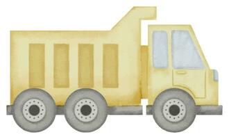 cumulo di rifiuti camion acquerello illustrazione. mano disegnato clip arte di bambino giocattolo giallo camion su isolato sfondo. disegno di ribaltabile auto per un' ragazzi gioco. schizzo di un' vagone macchina per costruzione vettore
