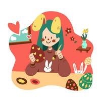 un' ragazza pittura colorato uova per celebre Pasqua giorno cartone animato personaggio piatto vettore piatto illustrazione. contento Pasqua.