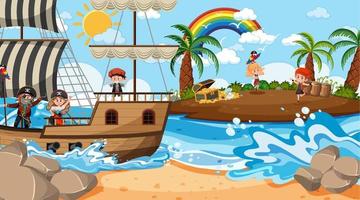 scena dell'isola del tesoro durante il giorno con bambini pirata vettore