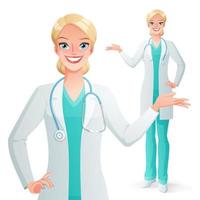 medico sorridente che presenta donna in uniforme medica scrub vettore