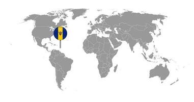 mappa pin con bandiera barbados sulla mappa del mondo. illustrazione vettoriale. vettore