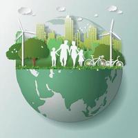 energia verde concetti rispettosi dell'ambiente la famiglia sta camminando sul globo vettore