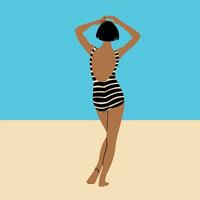 un' snello, abbronzato ragazza nel un' a strisce costume da bagno sta su il spiaggia. vettore illustrazione nel un' piatto, cartone animato stile. il concetto di estate, vacanza, vacanza, rilassamento, viaggio