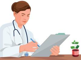 medico con prescrizione pad, femmina medico scrittura prescrizione nel clinica vettore
